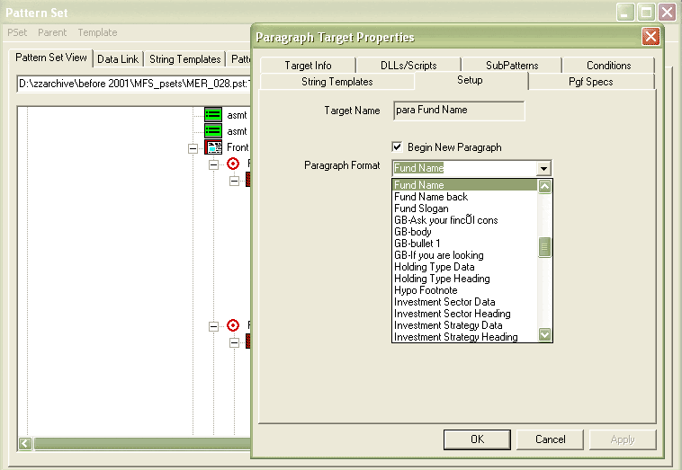 PatternStream target objects store the desired style from the FrameMaker template