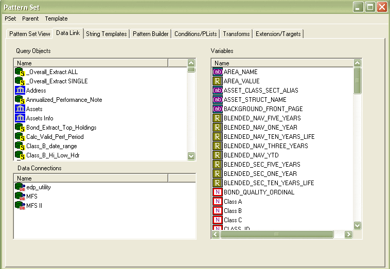 PatternStream Data Link View: database objects, query objects and variables