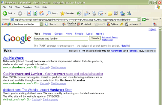 Results of working on site promotion for Cox Hardware and Lumber: it is number 2 behind Ace Hardware and in front of Do It Best for a search on "hardware and lumber".